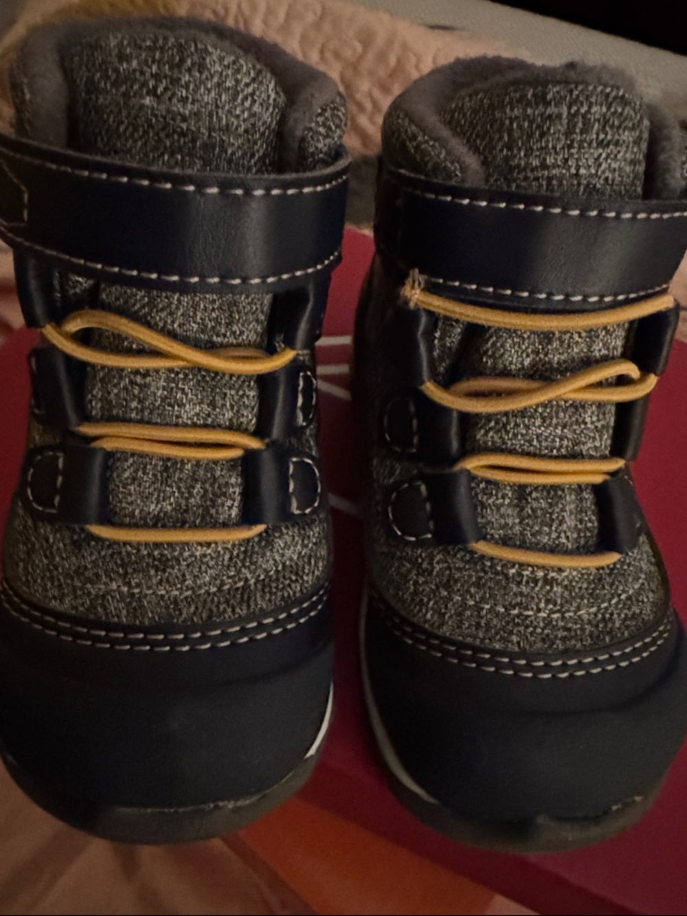 See Kai Run Waterproof-Gray and Navy Winter Boots with Yellow Accents-slip ons